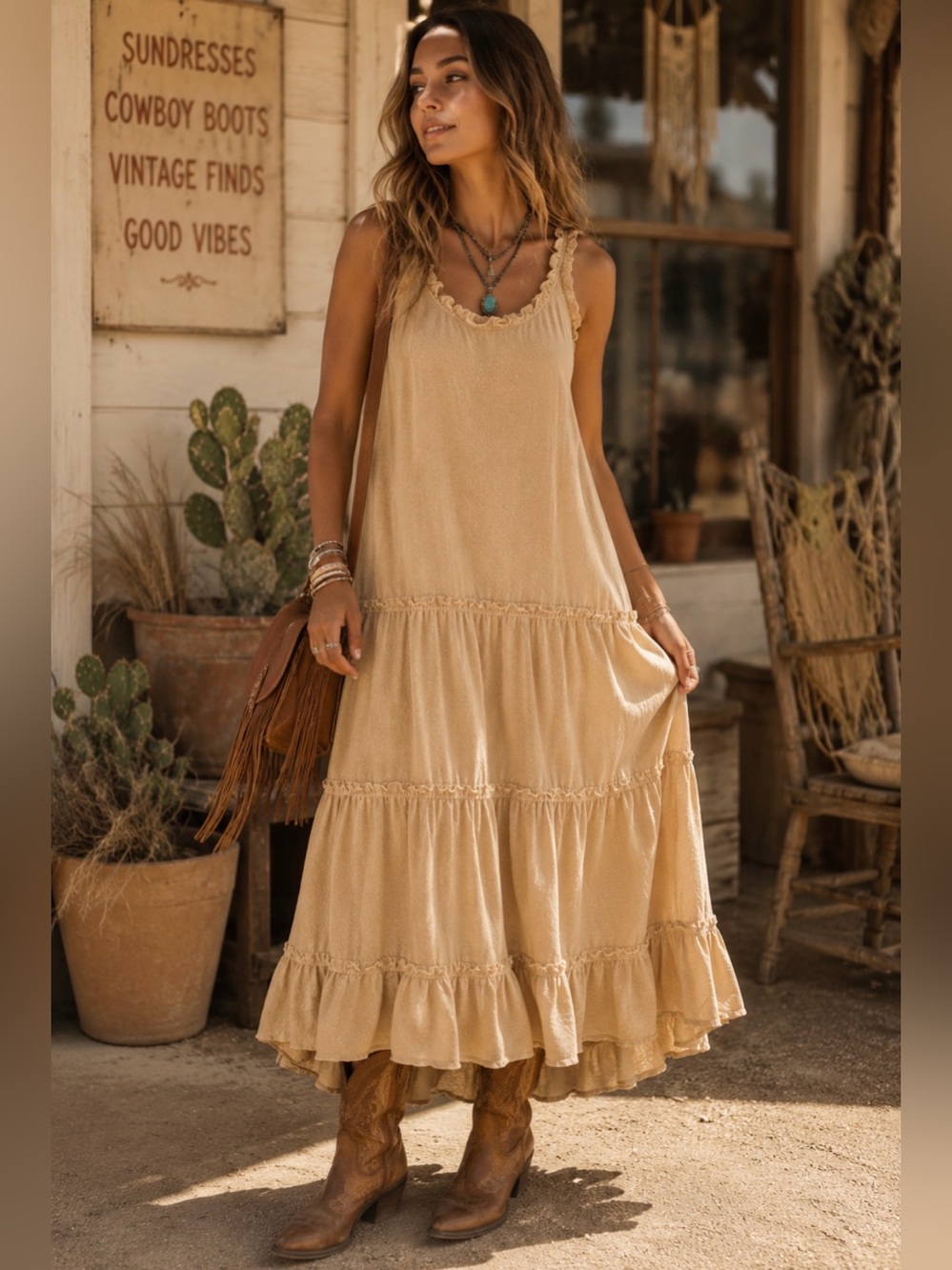 Women's Ruffle-Trim Tiered Maxi Dress - Beige cowgirl beach